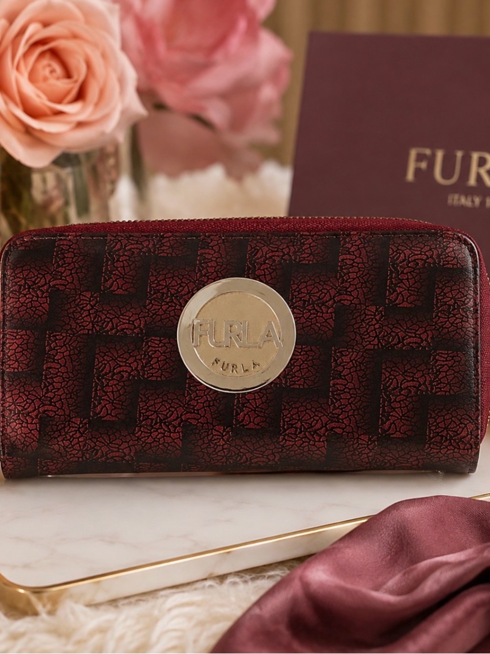 Furla Red Textured Zip Wallet - Furla Logo Accent